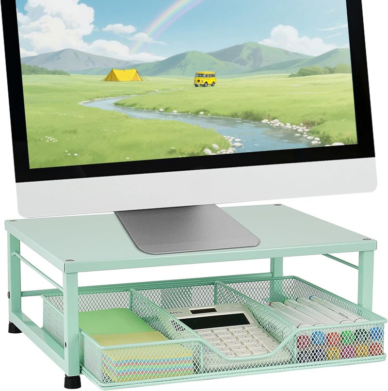 Gugsey Small Laptop Stand for Desk, Monitor Stand Riser, Office Desk Accessories, Computer Desktop Stand with Drawer for Home, Office, School (Mint Green) - Image 1
